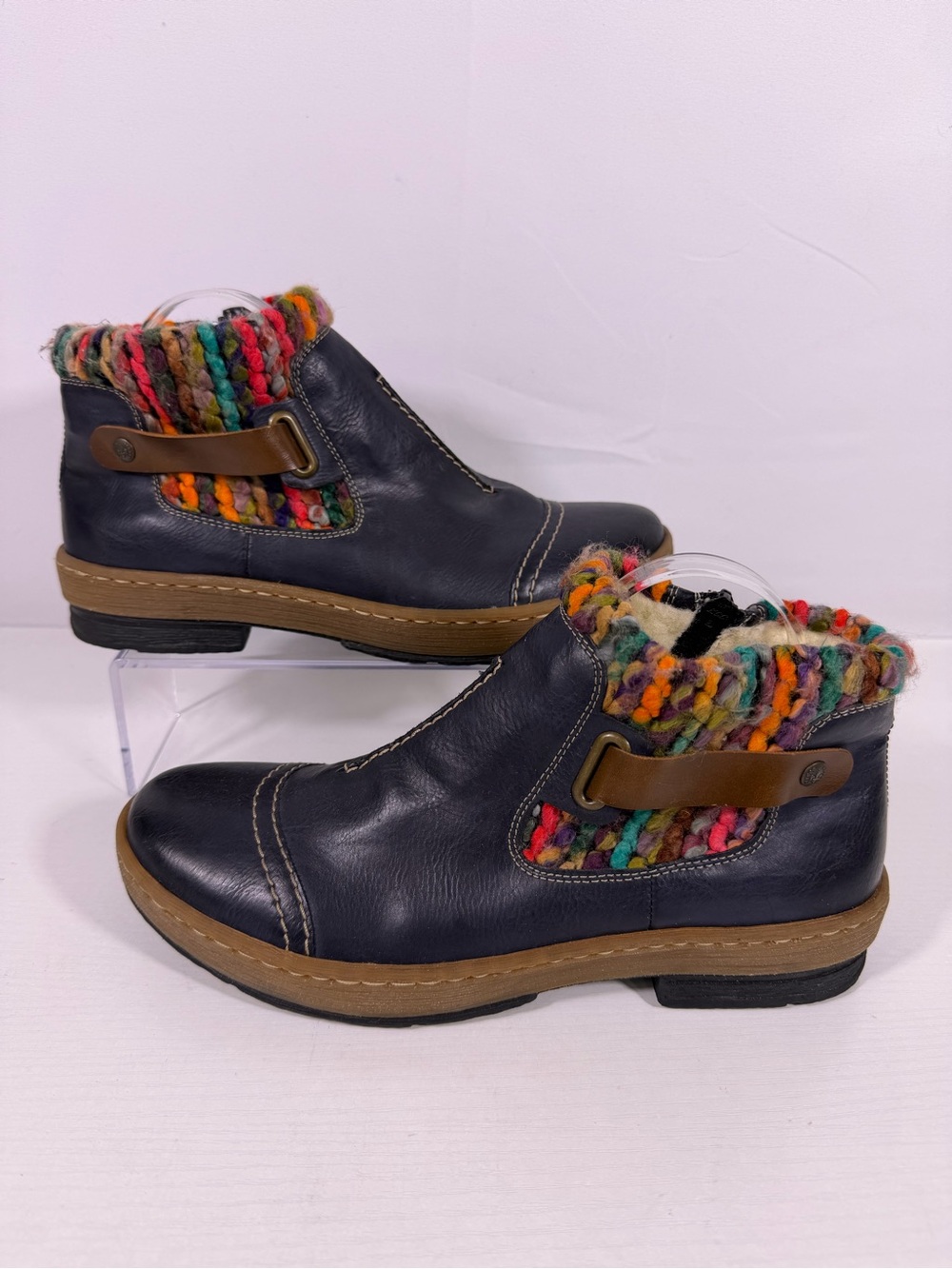 Rieker Navy Leather Multicolor Knit Lined Ankle Boots EU 41
